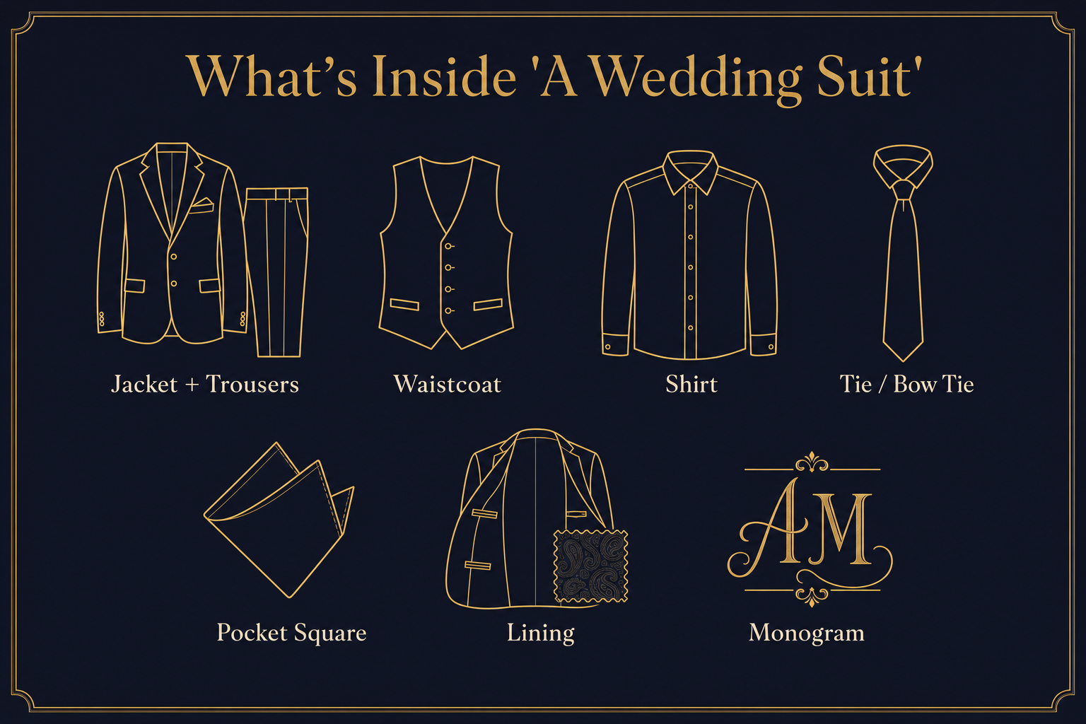 Infographic of the seven components of a wedding suit: jacket and trousers, waistcoat, shirt, tie, pocket square, lining, and monogram