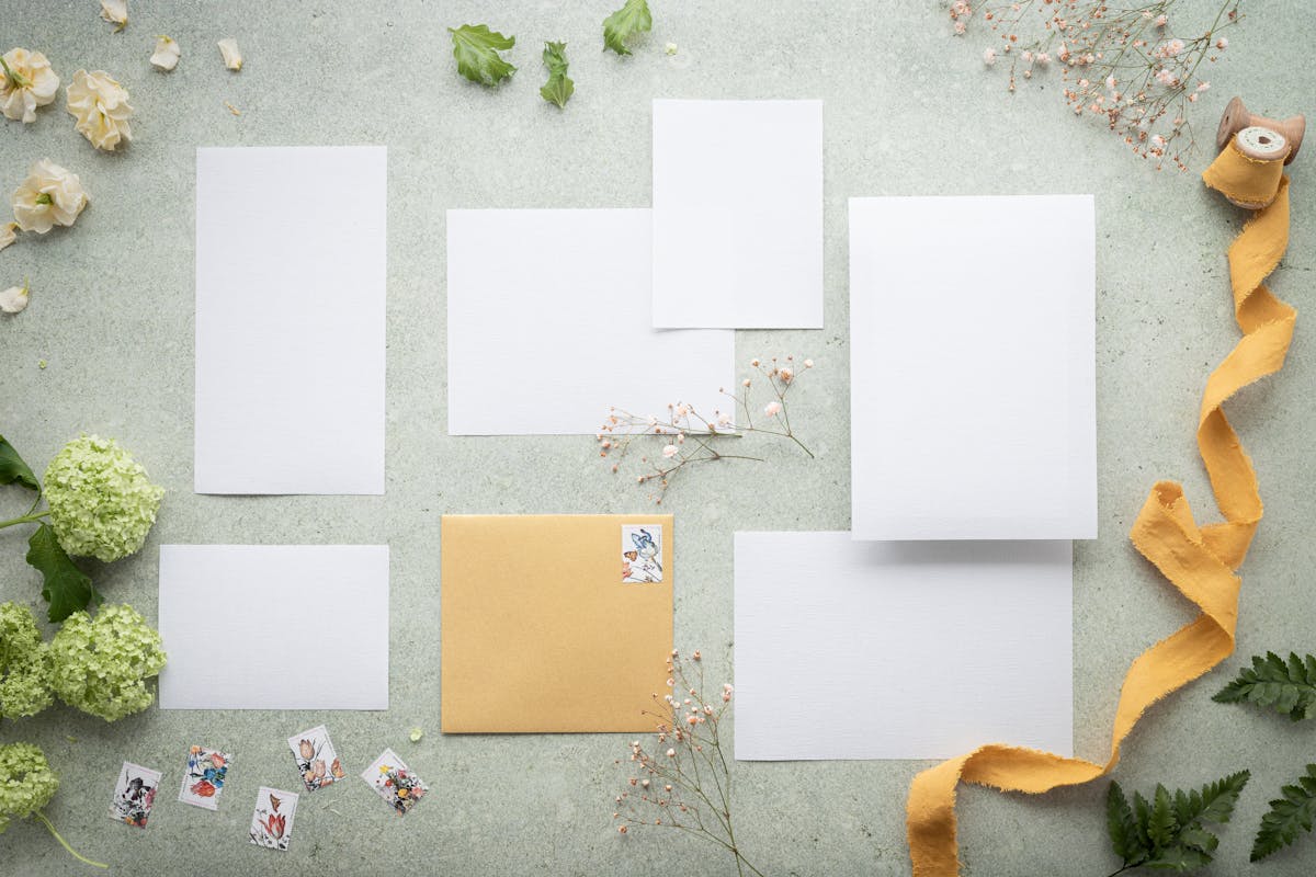 Flatlay of elegant wedding invitations, envelopes, and a fountain pen on a neutral background