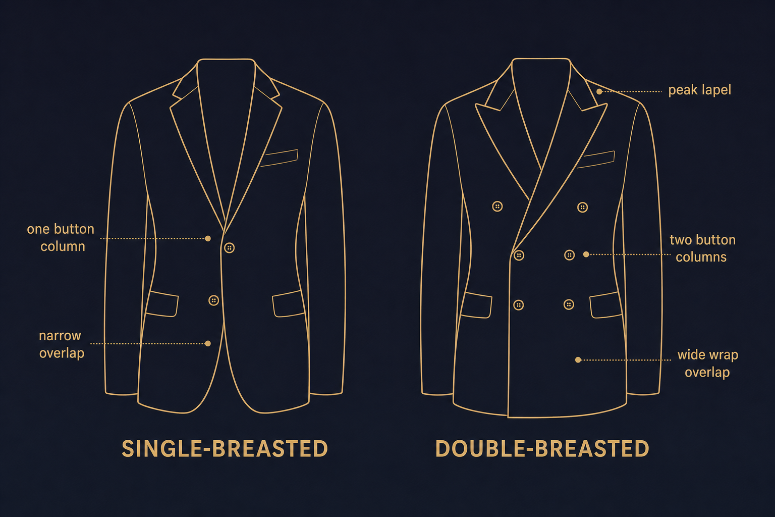 Infographic comparing single-breasted and double-breasted suit jacket fronts, showing one button column versus two overlapping columns with peak lapels