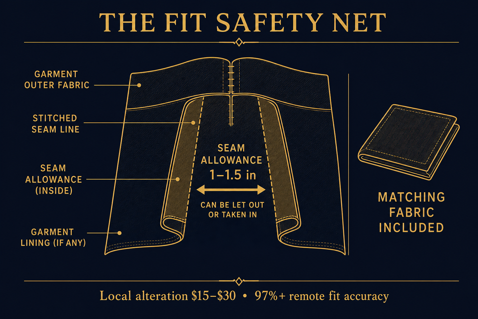 Diagram showing built-in seam allowances inside a garment and an included matching fabric remnant that let a local tailor adjust the fit