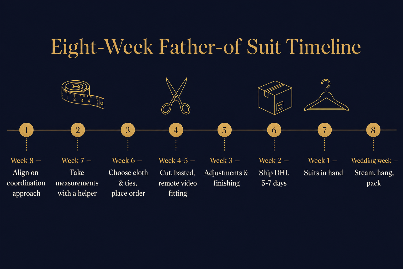 Eight-week timeline infographic for ordering two fathers' wedding suits remotely, from aligning on coordination to final steaming