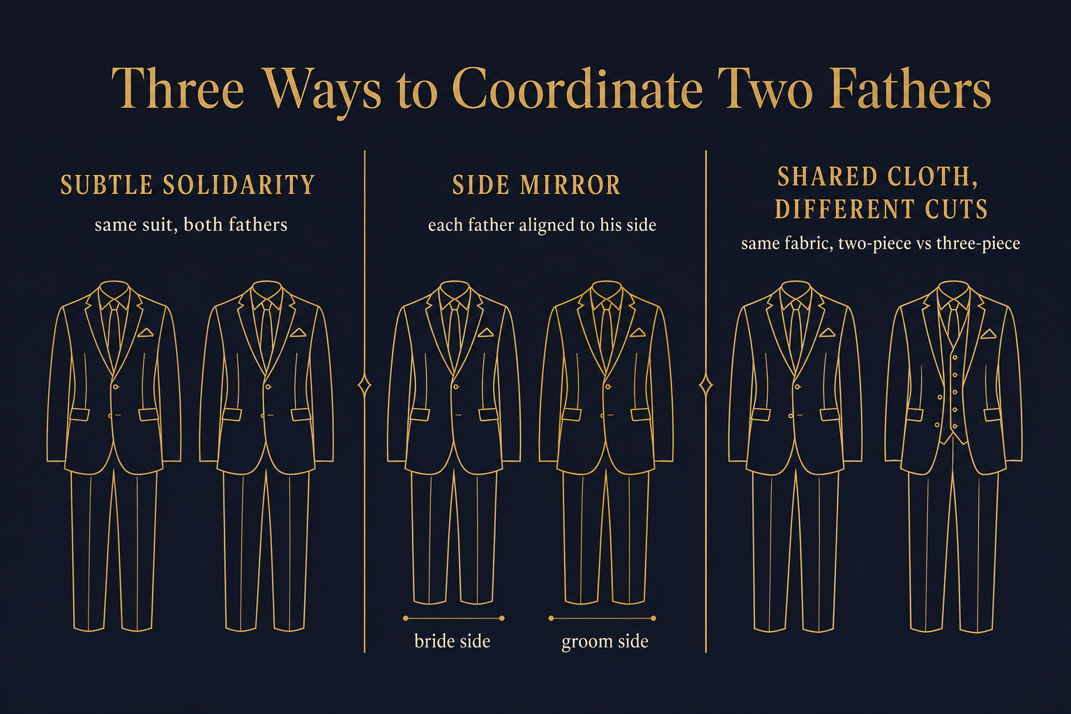 Infographic comparing three coordination approaches for two fathers' wedding suits: subtle solidarity, side mirror, and shared cloth different cuts