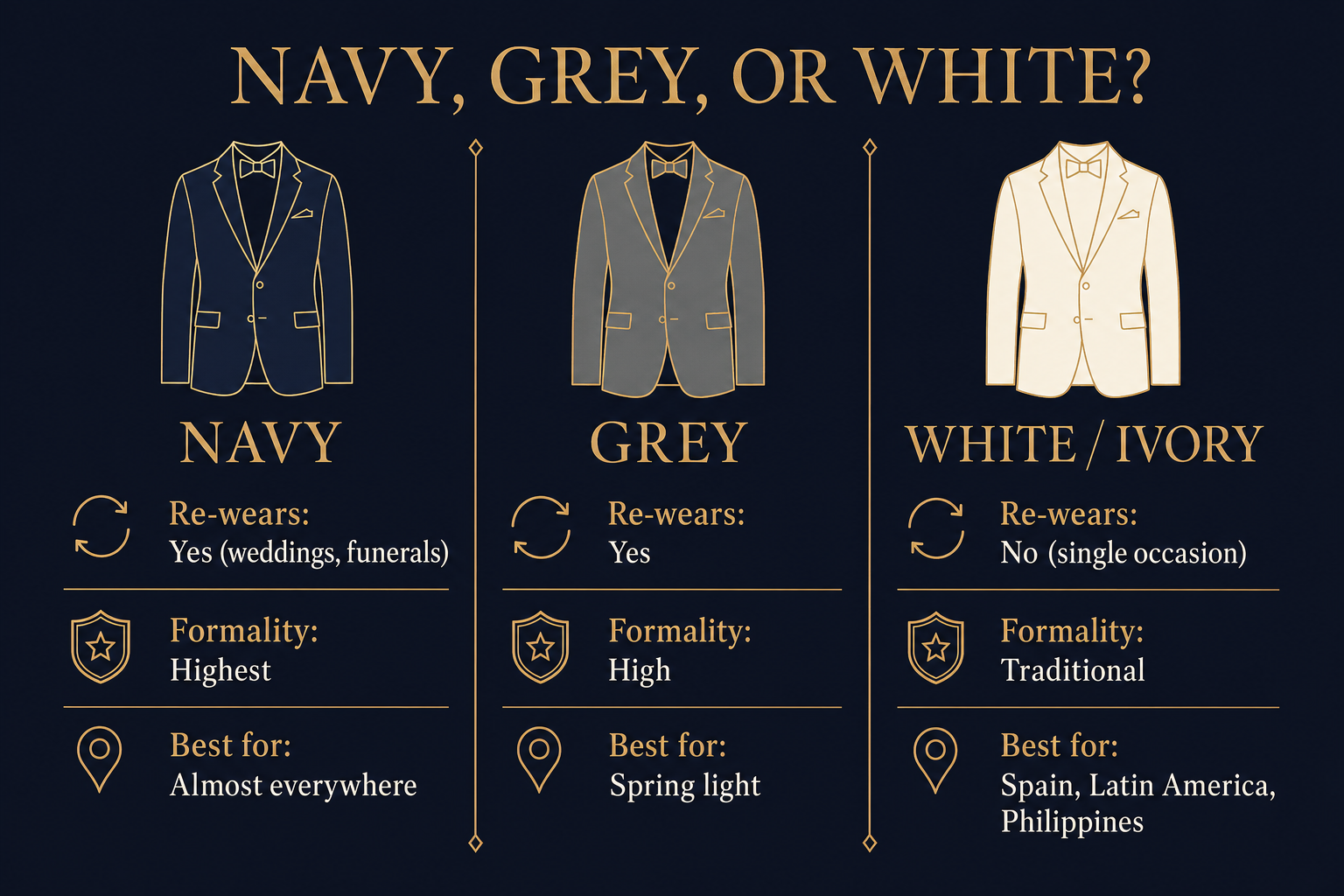 Infographic comparing navy, grey, and white First Communion suits for boys across re-wearability, formality, and regional fit