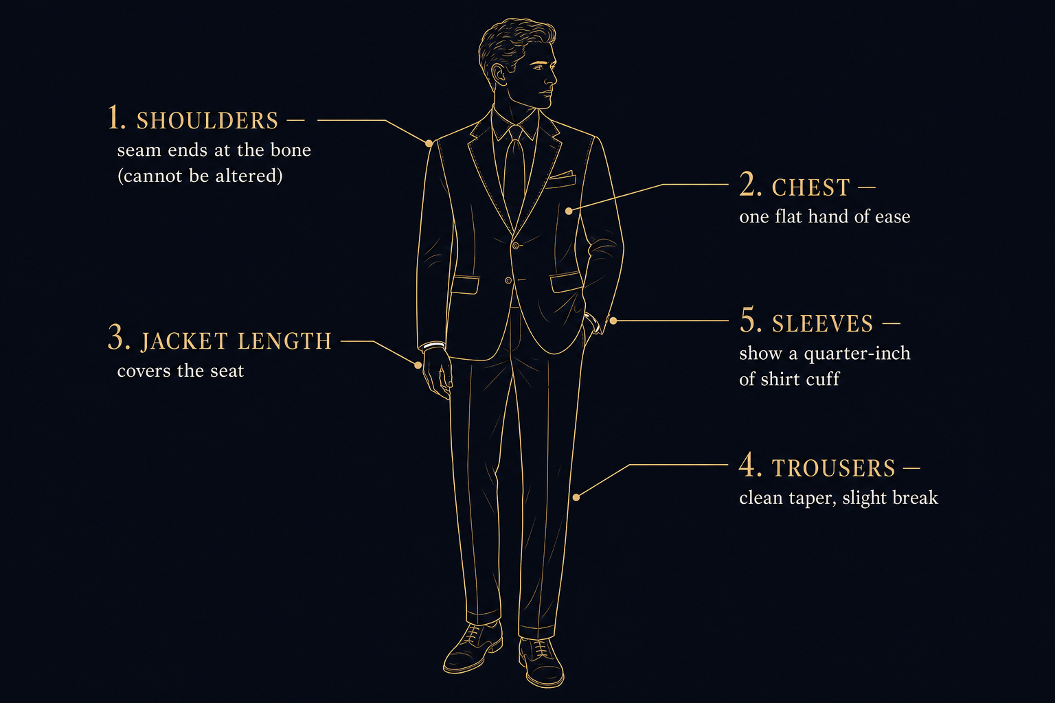 Infographic of a suit jacket and trousers with five labeled fit checkpoints: shoulders, chest, jacket length, trousers, and sleeves