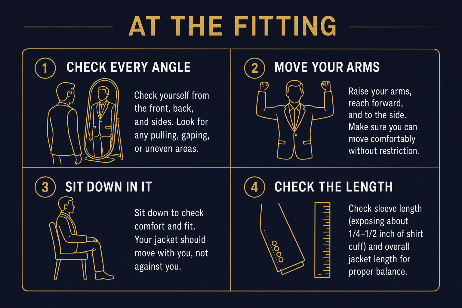 Fitting checklist diagram showing what to test on a custom garment: mirror angles, arm movement, sitting down, and checking length