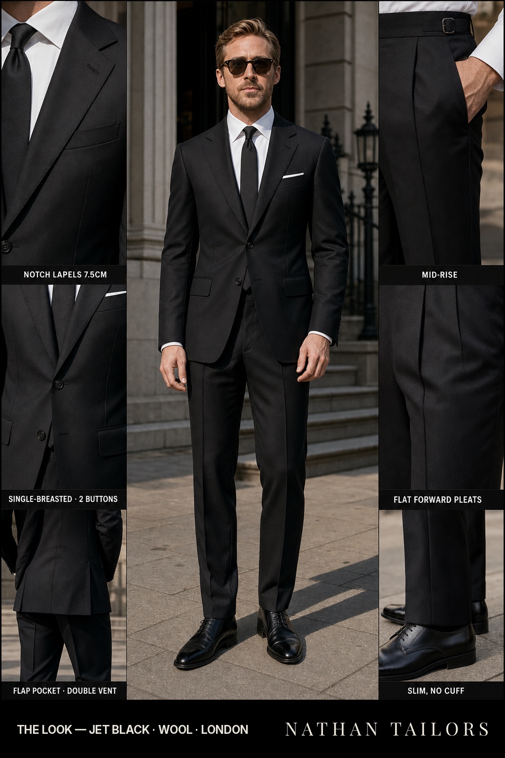 A jet-black single-breasted two-button notch-lapel suit with a white shirt, black tie, and white pocket square -- the black-suit-white-shirt-dark-tie Corleone power look, an Atelier render cut to measure