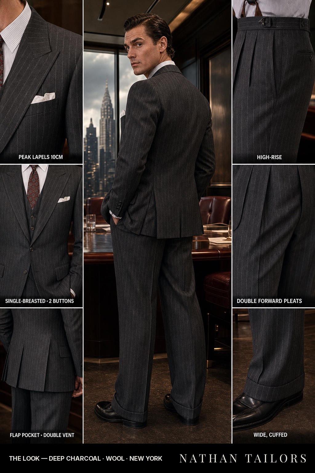 A deep charcoal chalk-stripe single-breasted peak-lapel suit with high-rise pleated trousers in a 1940s New York boardroom -- the Vito Corleone register, an Atelier render cut to measure