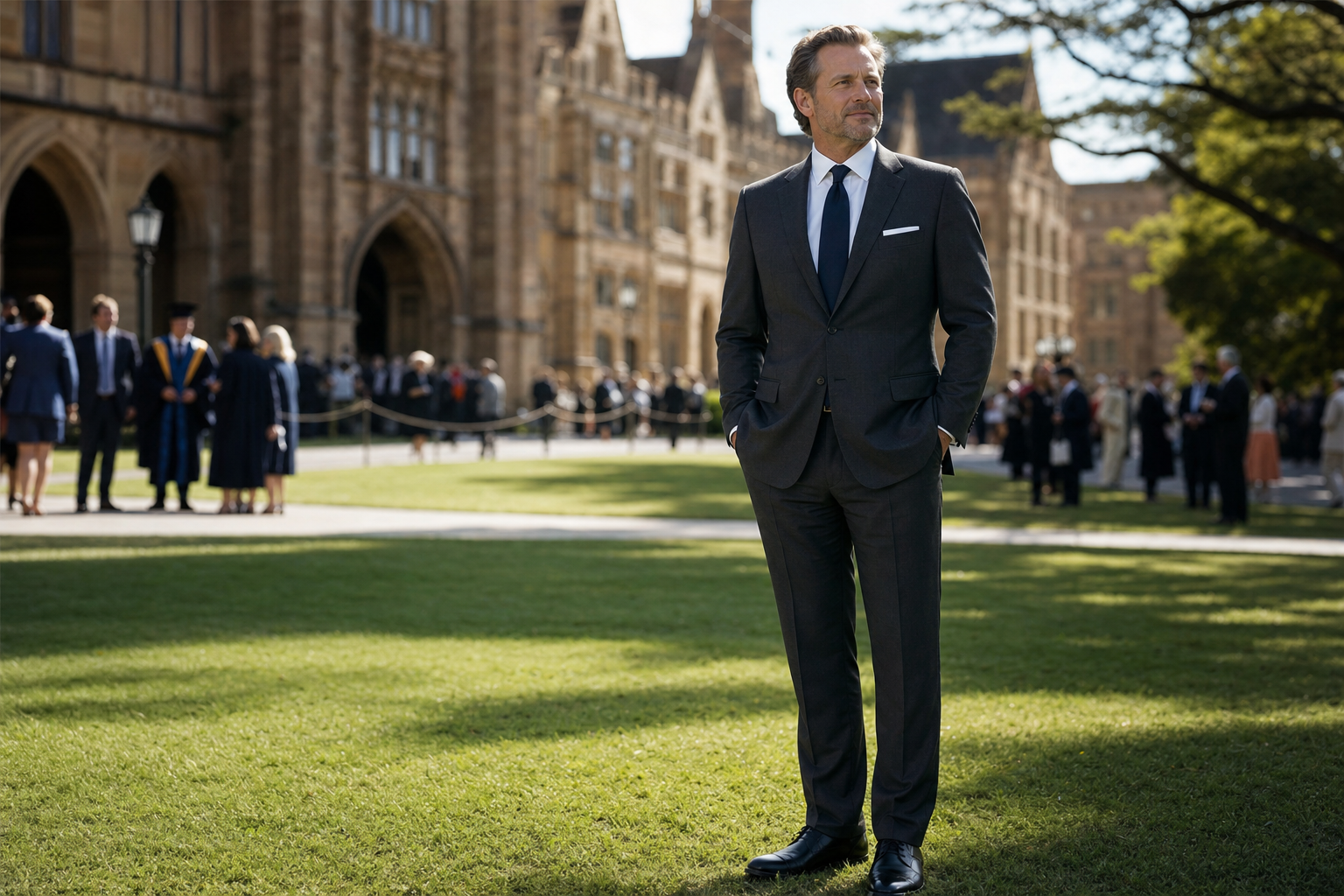 Graduation dad look 2026 — distinguished man in his late forties wearing a charcoal grey single-breasted suit, white shirt, navy tie and polished oxfords on a sunlit university lawn, the dad of the graduate