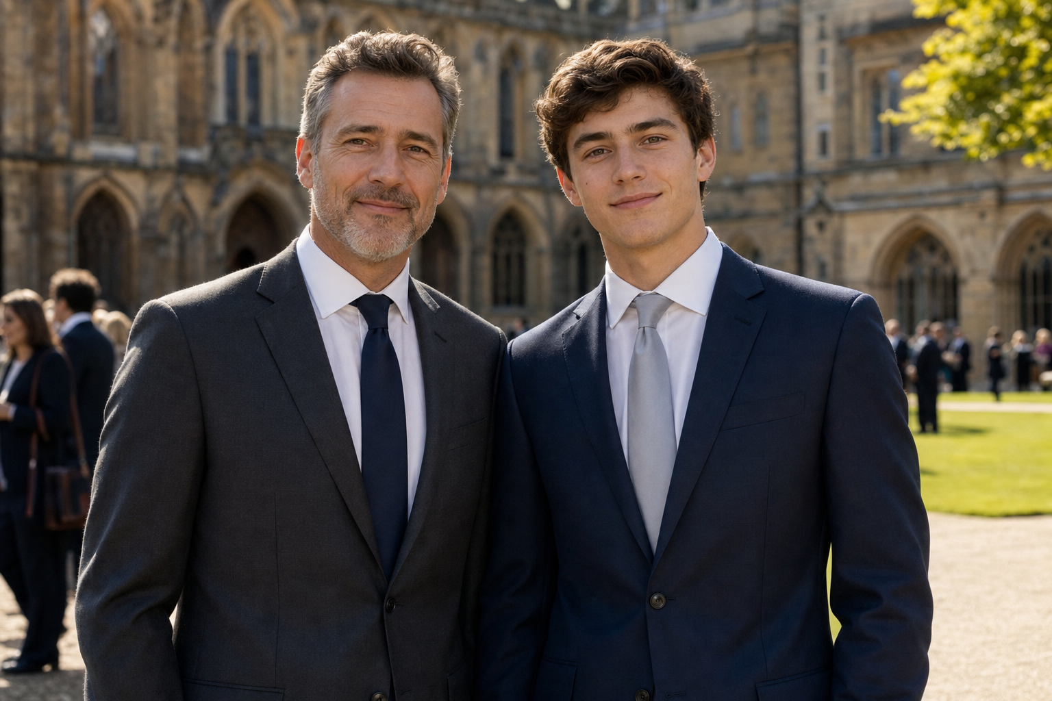 Graduation family photo dad suit 2026 — distinguished father in a charcoal grey suit and navy tie standing beside his young-adult son in a navy graduation suit and silver tie on a sunlit university quadrangle, the father-and-son graduation portrait