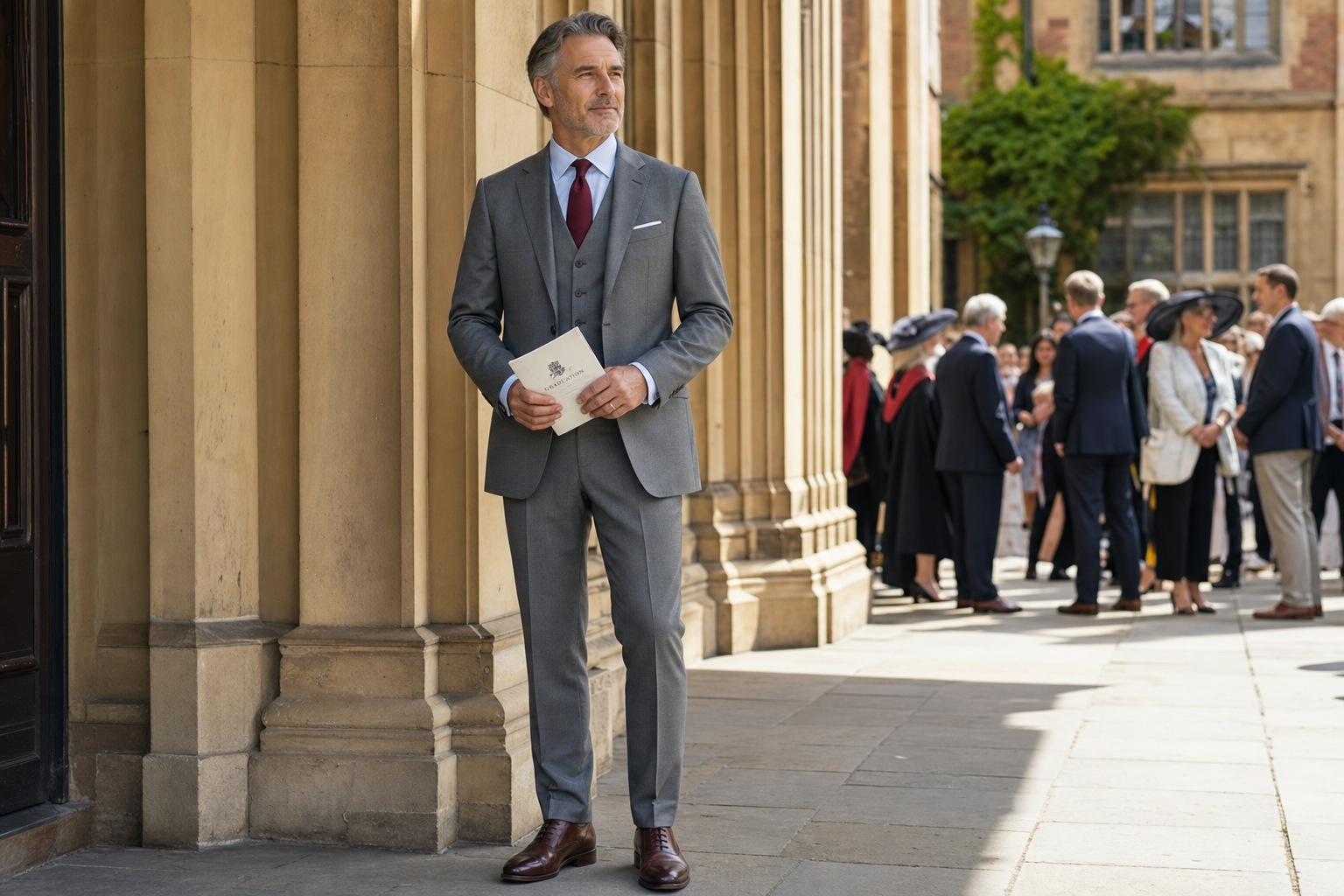 Graduation guest outfit men 2026 — polished gentleman in his fifties in a mid-grey three-piece suit with pale blue shirt, red tie and dark brown oxfords, holding a graduation program in the shade of a sunlit university building, the formal guest attire option
