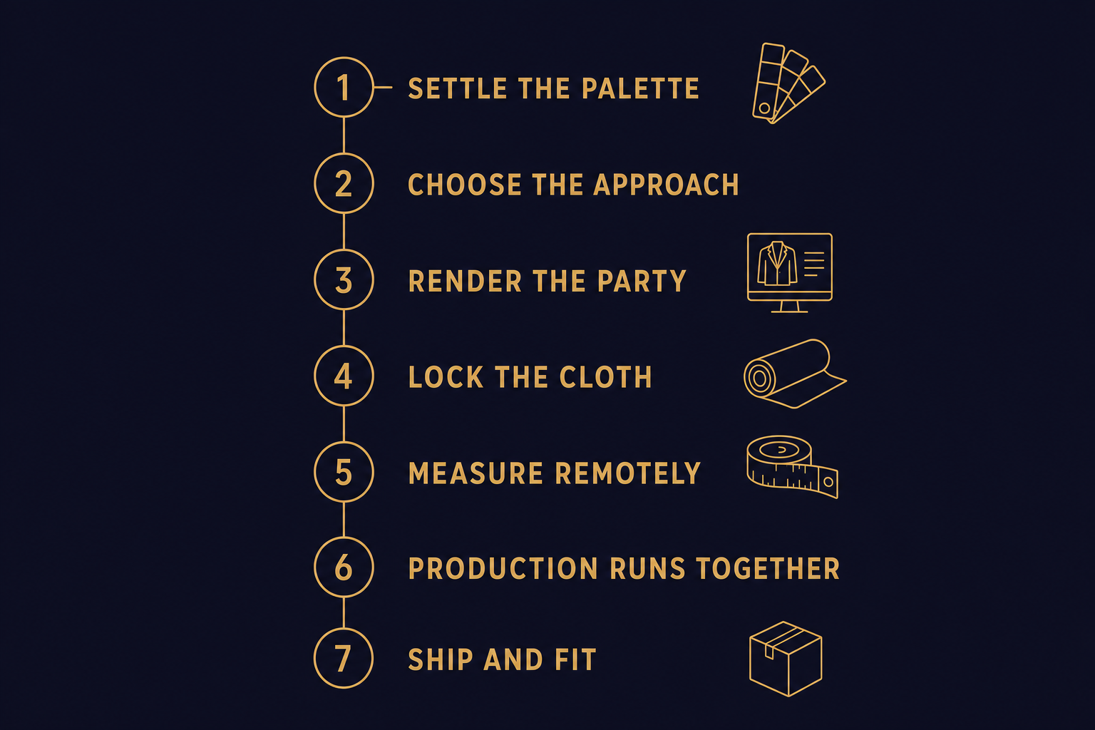 Numbered flow infographic of the seven-step remote groomsmen coordination workflow from settling the palette to ship and fit.