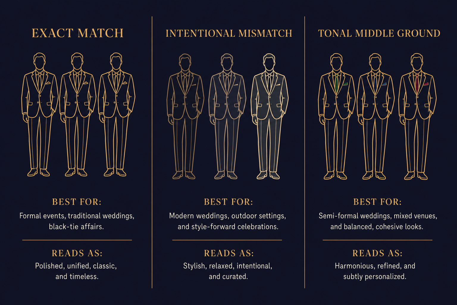 Side-by-side infographic comparing exact match, intentional mismatch, and tonal middle ground groomsmen approaches with their best-fit weddings and how each photographs.