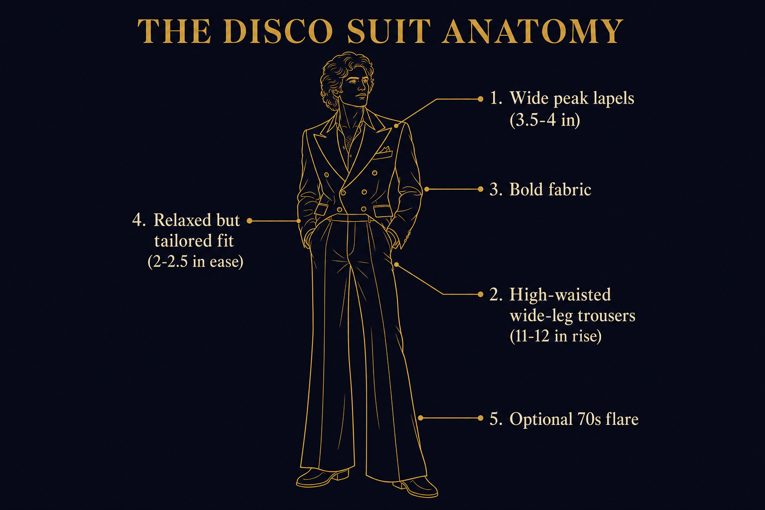 Annotated diagram of a disco suit silhouette labeling wide peak lapels, high-waisted wide-leg trousers, bold fabric, relaxed tailored fit, and optional flare