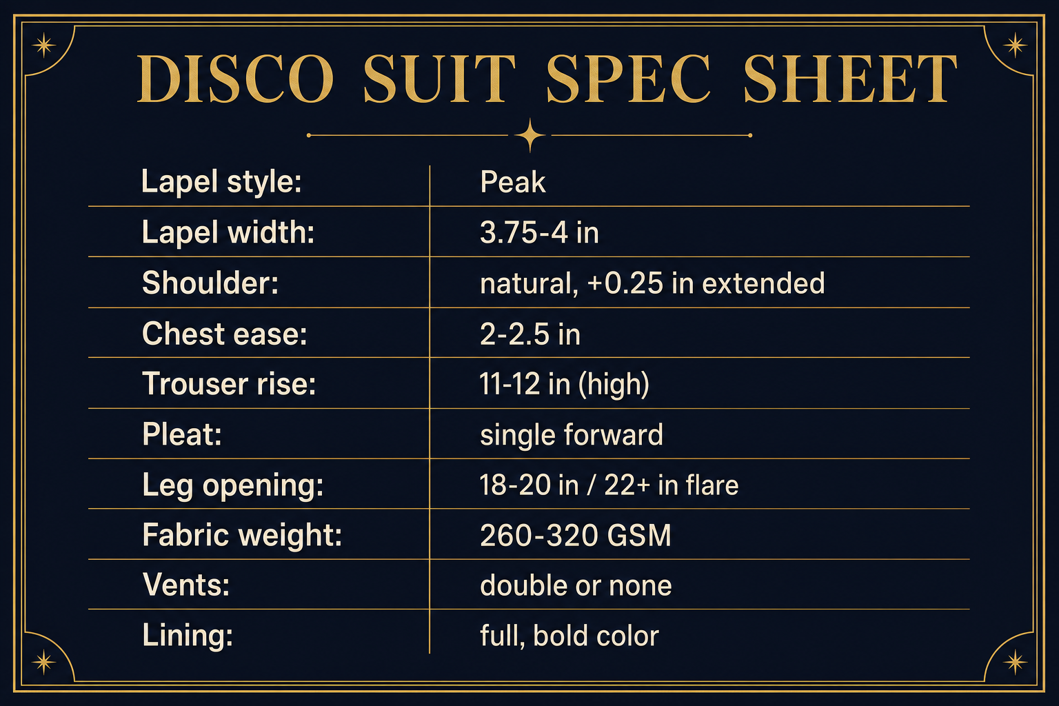 Infographic spec card listing disco suit specifications: peak lapel 3.75-4 inches, 11-12 inch rise, 18-20 inch leg opening, 2-2.5 inch chest ease, fabric weight