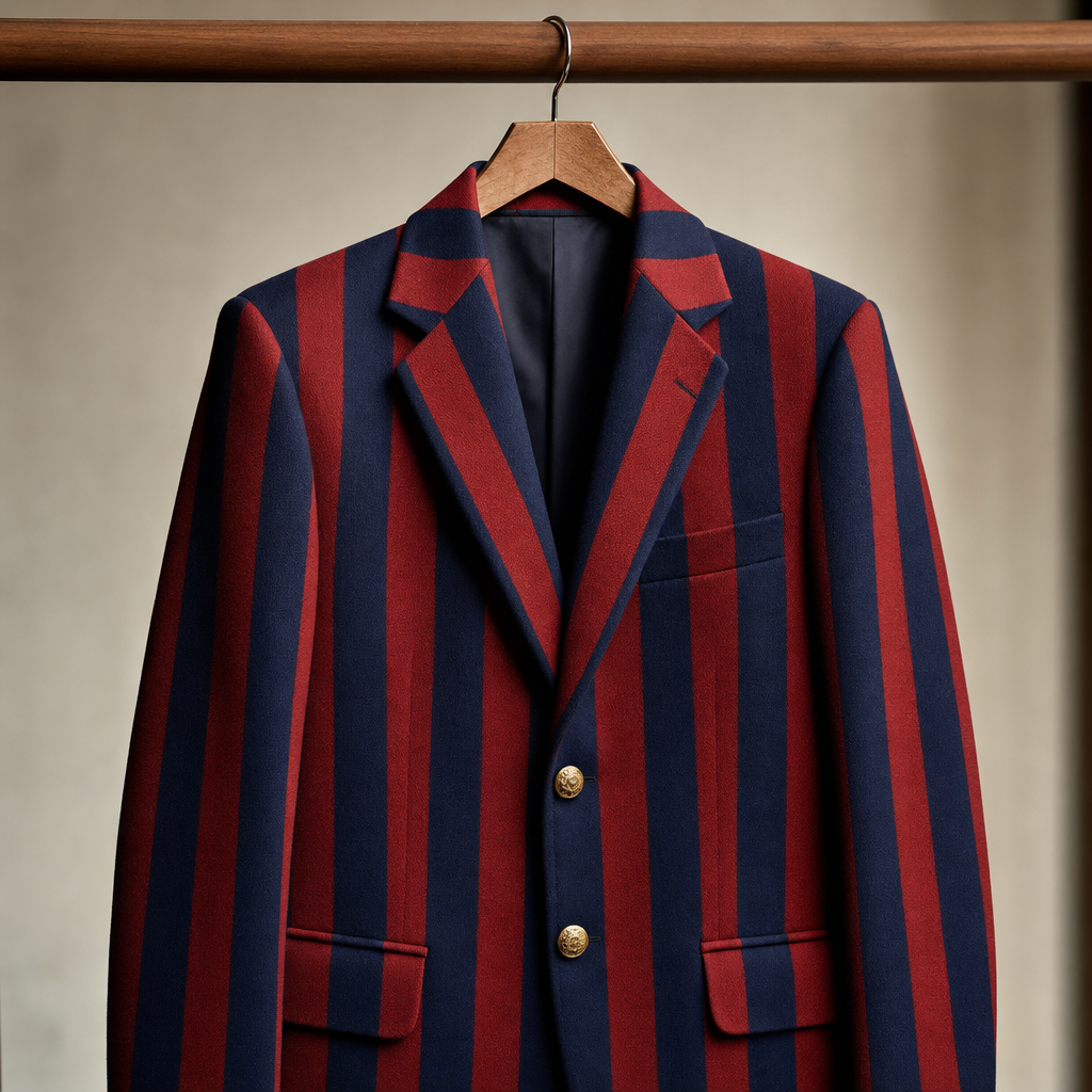 A boldly striped navy-and-red rowing club blazer with brass buttons on a wooden hanger -- the signature garment of Henley Royal Regatta