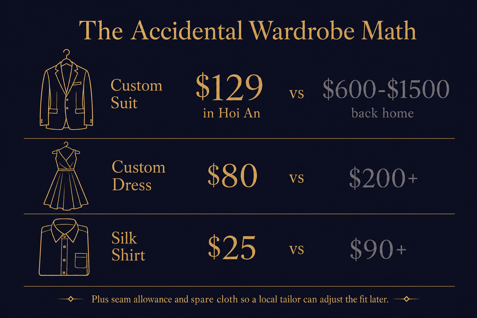 Infographic comparing Hoi An custom tailor prices to typical Western retail prices for a suit, dress and silk shirt