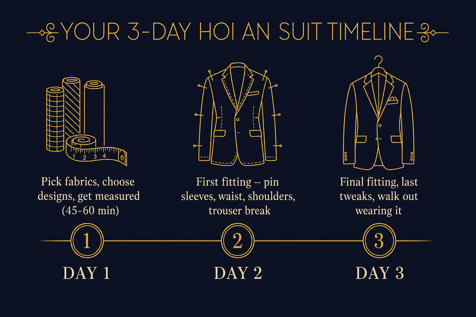 Three-day timeline infographic for getting four custom suits made in Hoi An, showing Day 1 fabric selection and measuring, Day 2 first fitting with pinned adjustments, and Day 3 final fitting and pickup