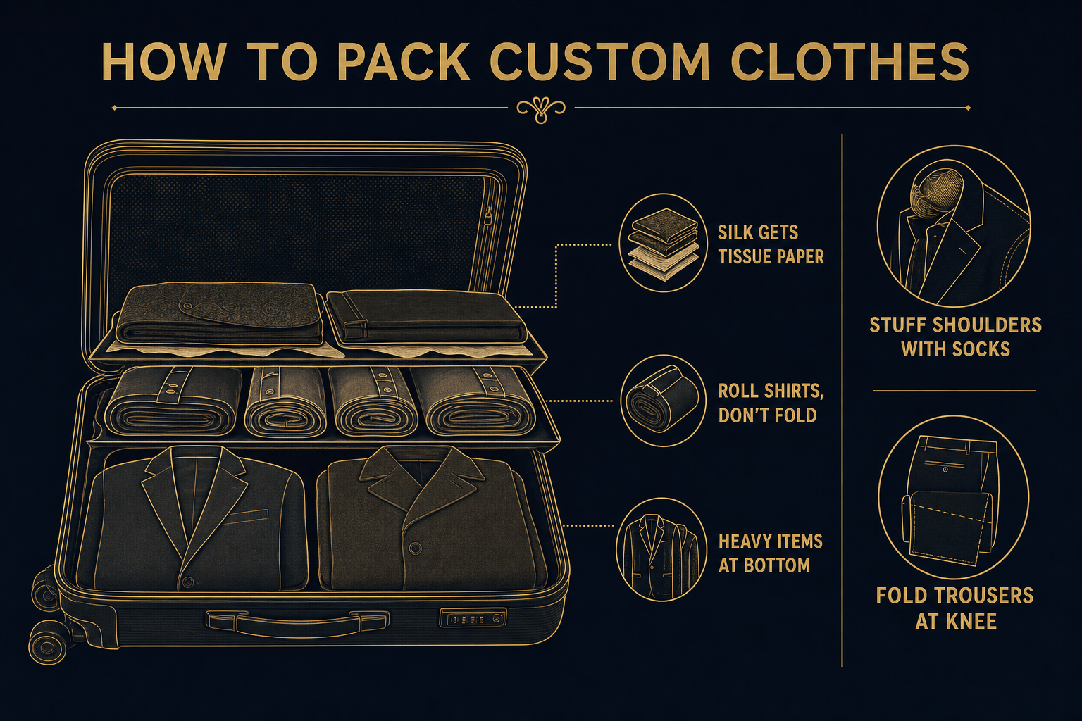 Infographic showing how to pack a suitcase with custom tailored clothes: rolled shirts, jacket shoulders stuffed with socks, heavy coats at the bottom, silk layered in tissue paper