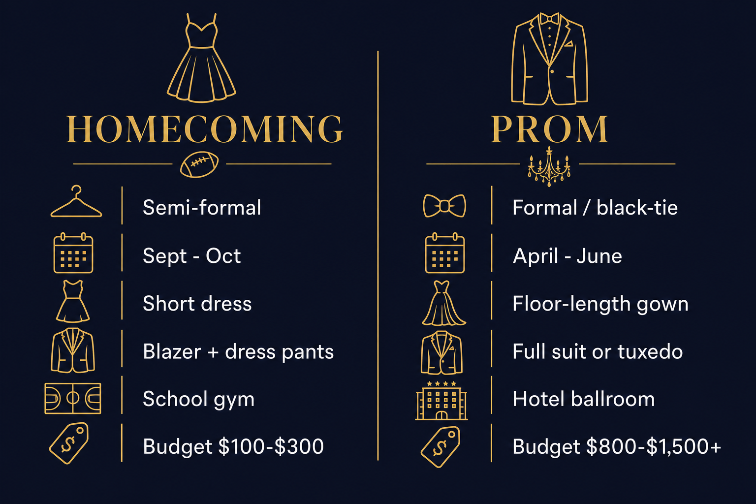 Side-by-side infographic comparing homecoming and prom across formality, season, dress length, venue, and budget