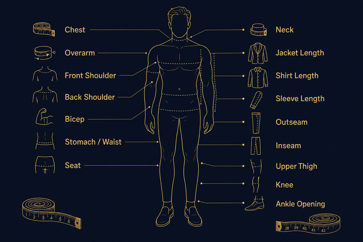 Infographic of a male figure annotated with the seventeen-plus body measurement points Indochino requests, from chest and overarm down to ankle opening