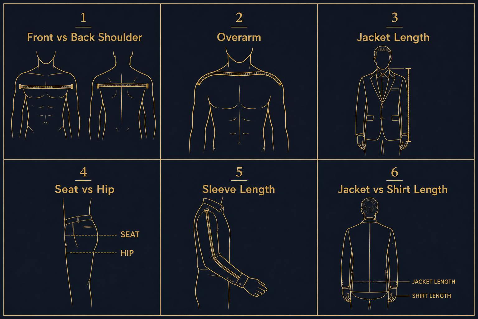 Infographic comparing the six commonly-botched measurements: front vs back shoulder, overarm, jacket length, seat vs hip, sleeve length, and jacket vs shirt length