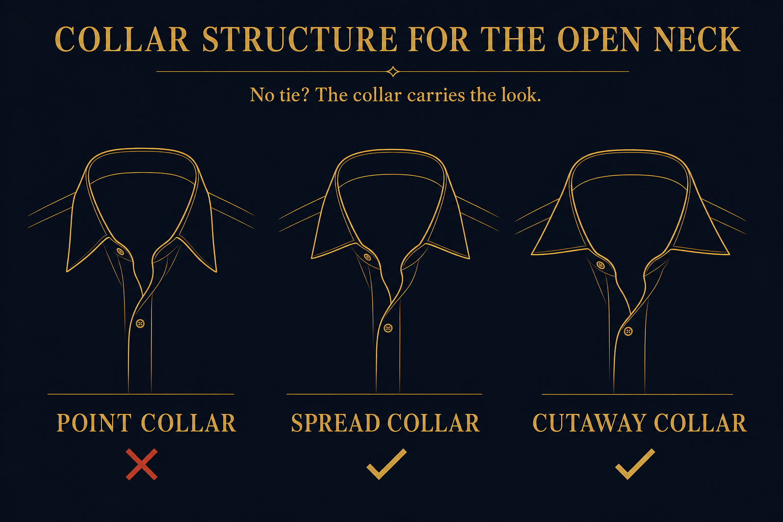 Infographic comparing a point collar that collapses without a tie versus a spread collar that holds its shape