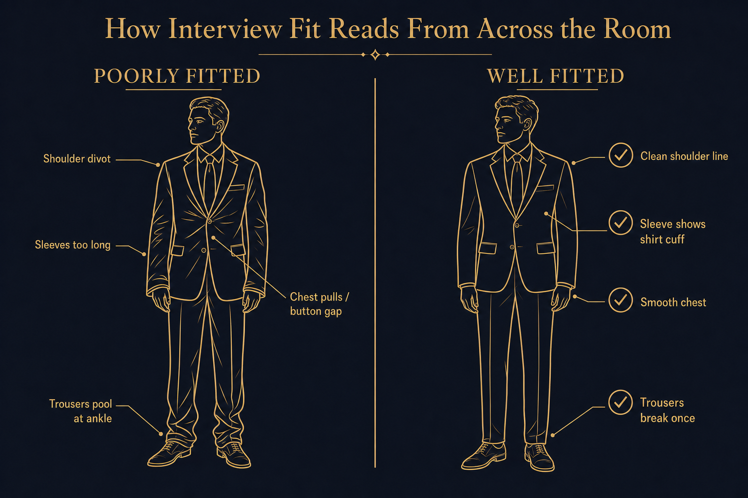 Infographic comparing a poorly fitted suit to a well-fitted suit, with labels pointing to shoulder divots, sleeve length, and chest pull