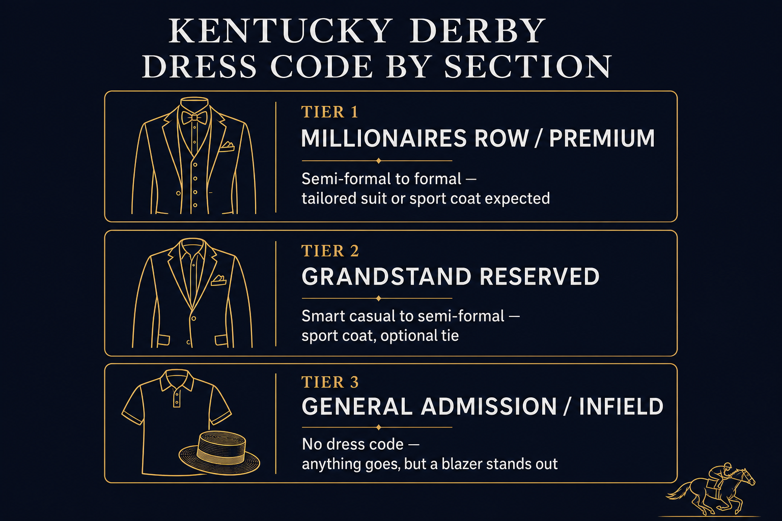 Infographic comparing Kentucky Derby dress codes by seating tier — Millionaires Row, Grandstand Reserved, and Infield — showing what men should wear in each section