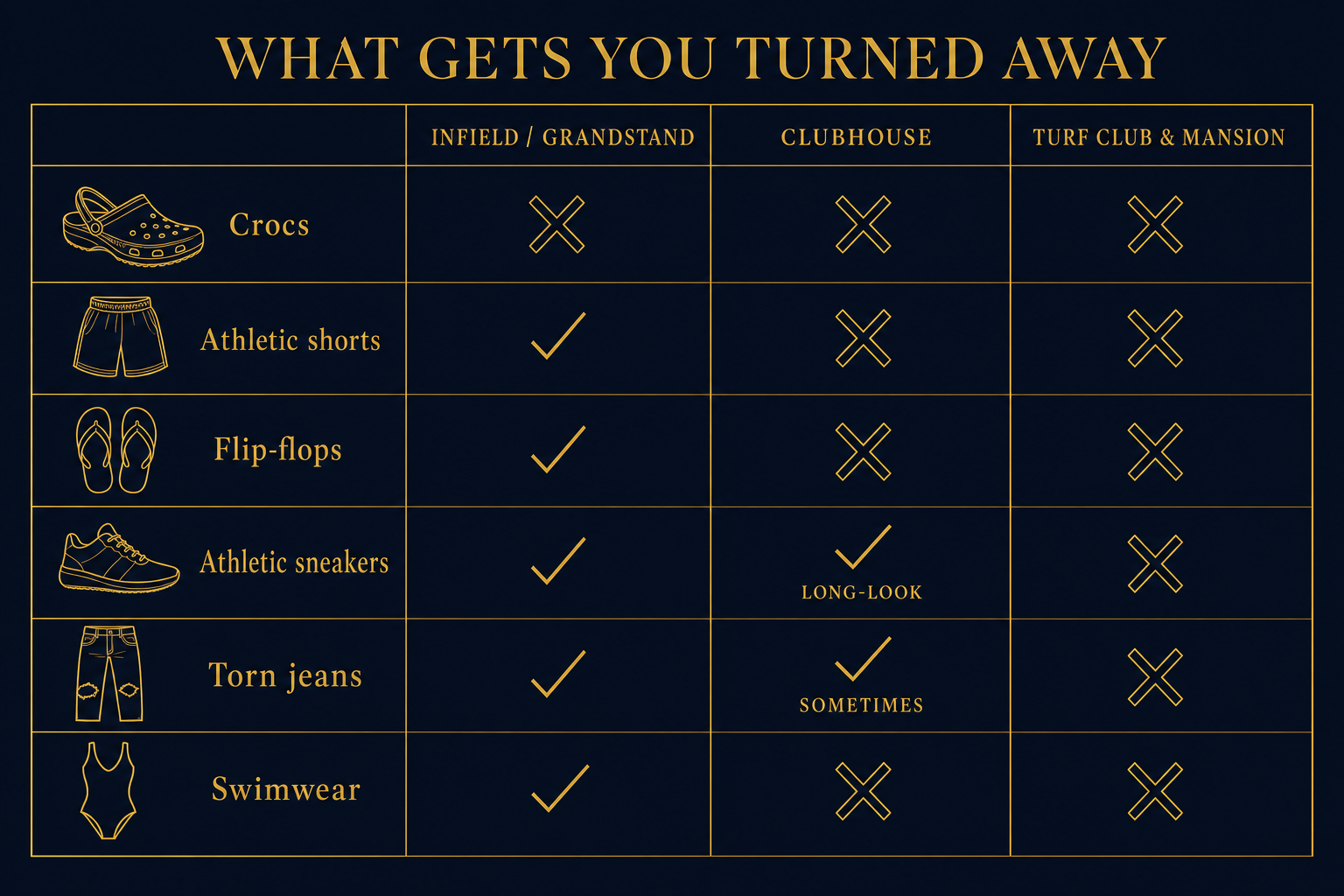 Infographic grid showing which clothing items get refused at each Churchill Downs enclosure, from Infield to Mansion