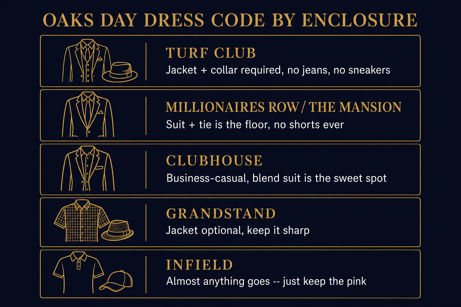 Infographic comparing Churchill Downs Oaks Day enclosures from Turf Club to Infield and the dress code each requires
