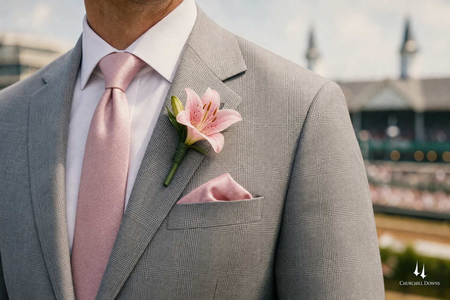 Kentucky Oaks outfit detail — a soft pink silk tie and folded pink pocket square on a light grey Prince-of-Wales check suit with a small pink lily boutonniere, the right way to wear pink for Oaks Day