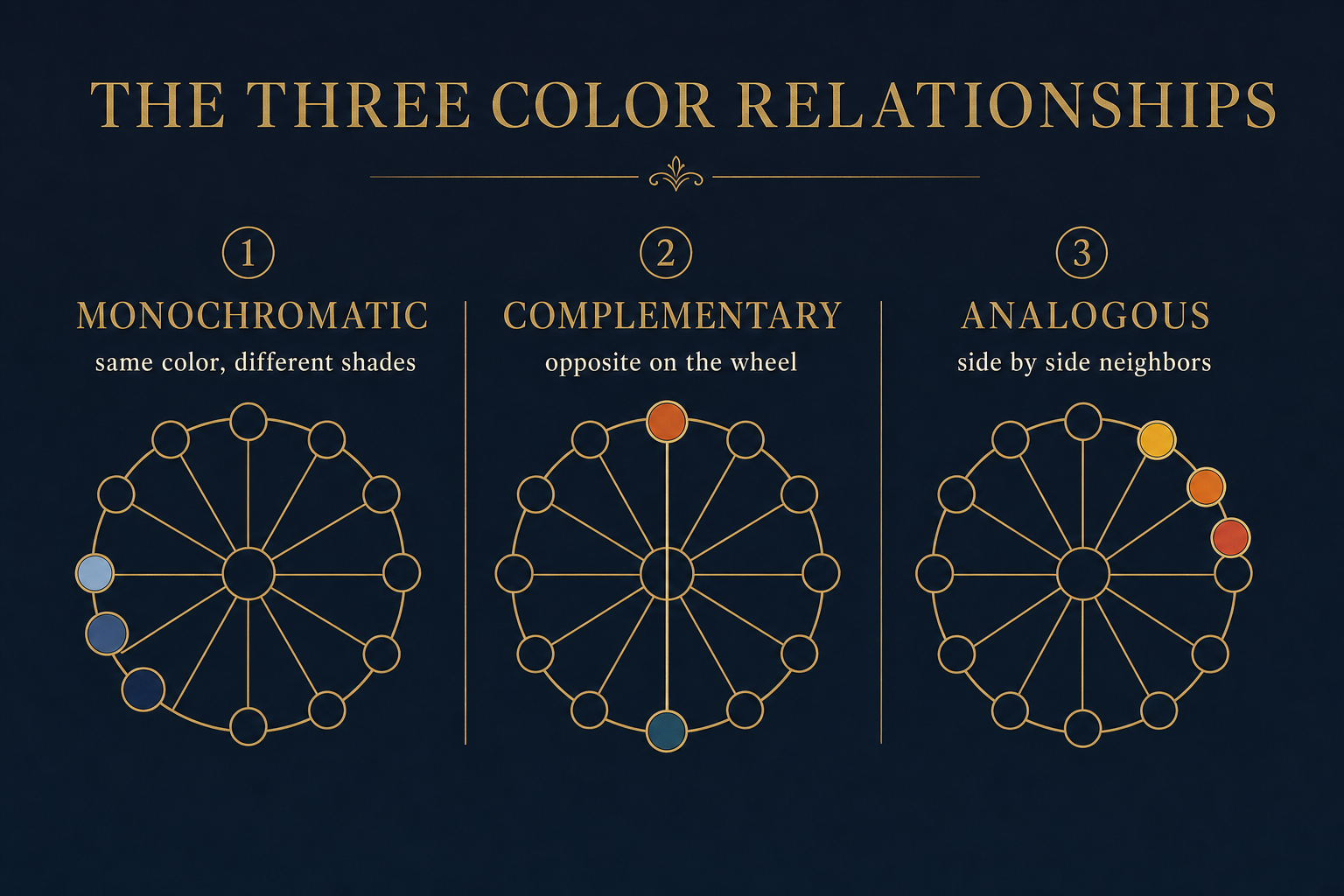 Infographic showing three color coordination methods for prom couples: monochromatic, complementary, and analogous, mapped on a color wheel