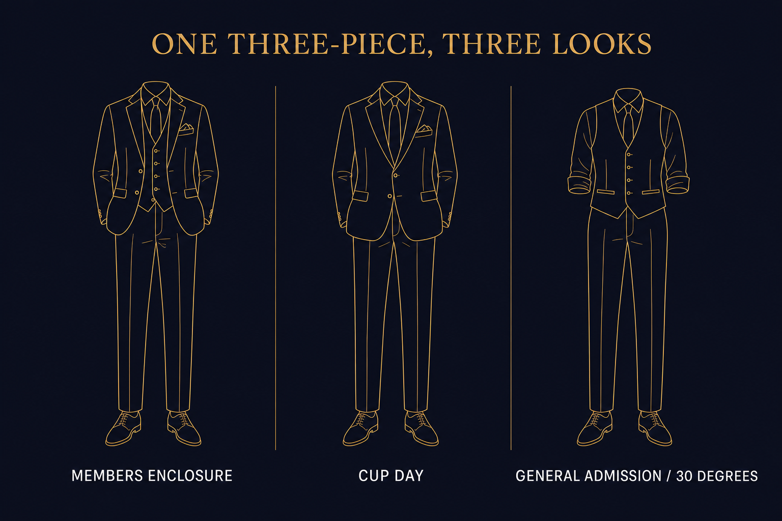 Infographic showing how a three-piece navy suit creates three different looks for different race carnival days and dress codes