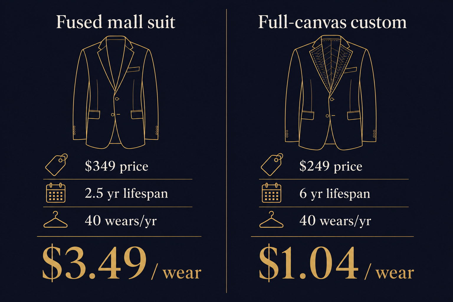 Diagram comparing cost per wear of fused off-the-rack suits versus a canvassed custom suit