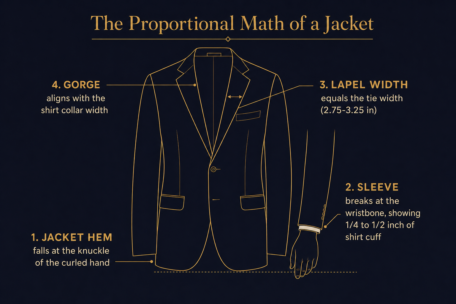 Infographic of a suit jacket outline labeling the classic proportion rules: hem at the curled-hand knuckle, sleeve breaking at the wristbone with a quarter-inch of shirt cuff, and lapel width matched to tie width