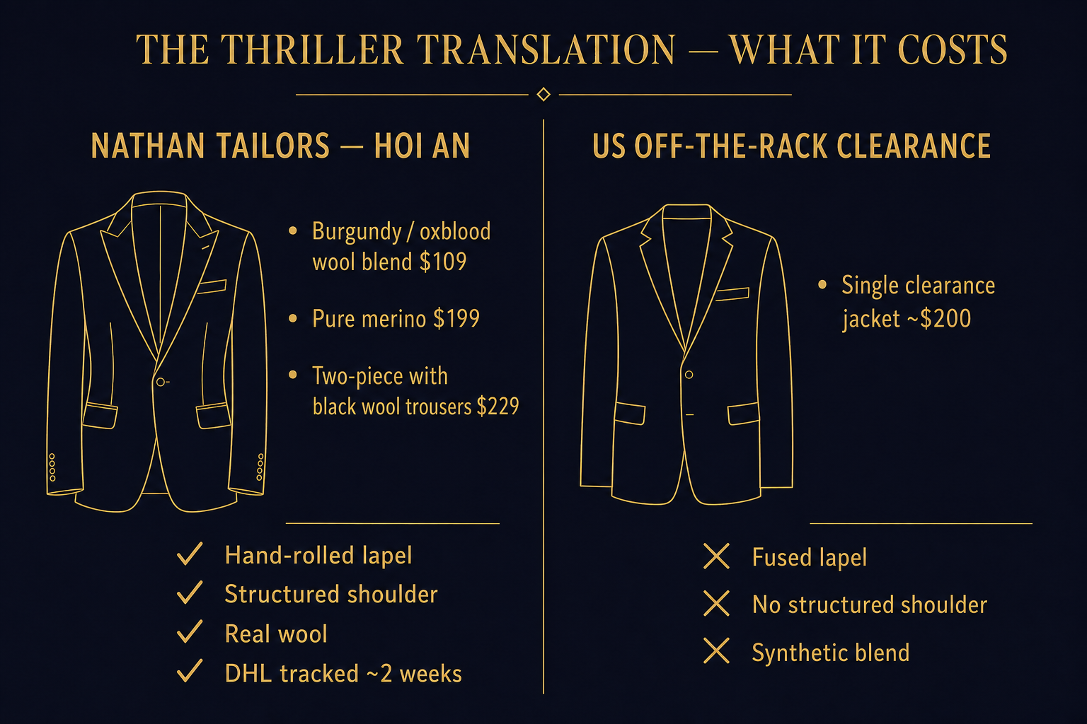 Infographic comparing a Nathan Tailors hand-built burgundy blazer at $109 to $199 against a typical US off-the-rack clearance jacket