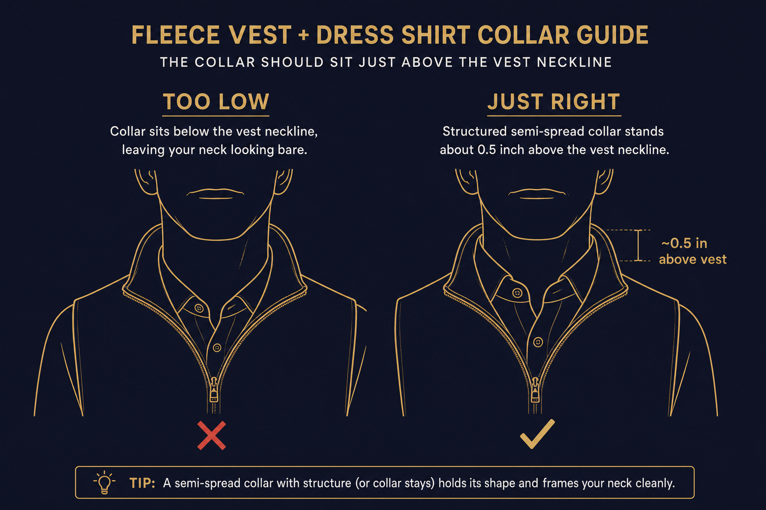Side-by-side infographic comparing a low-profile collar that disappears under a vest versus a structured semi-spread collar standing half an inch above the vest neckline