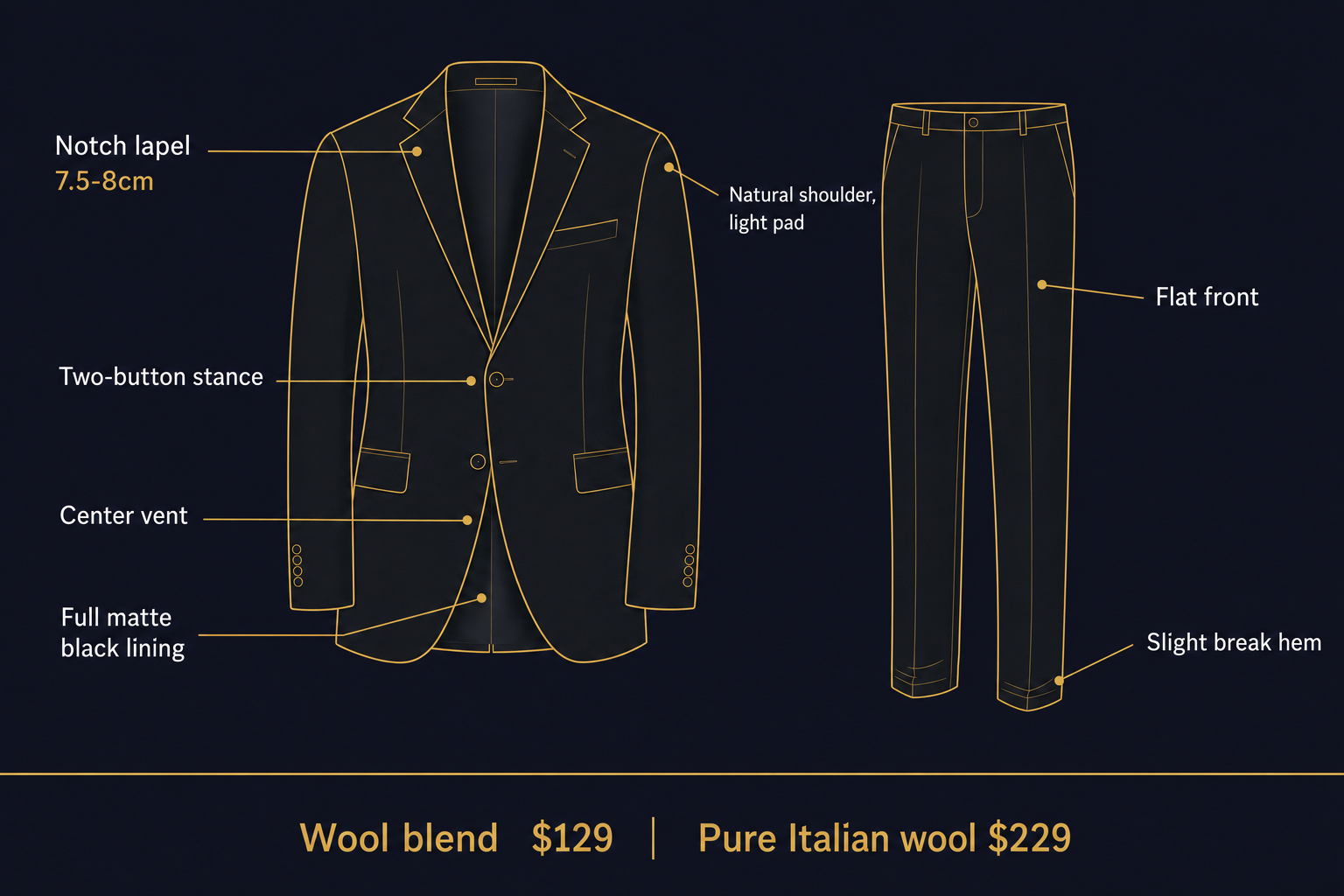 Labeled spec diagram of the Motown 25 suit jacket and trousers with construction callouts and prices