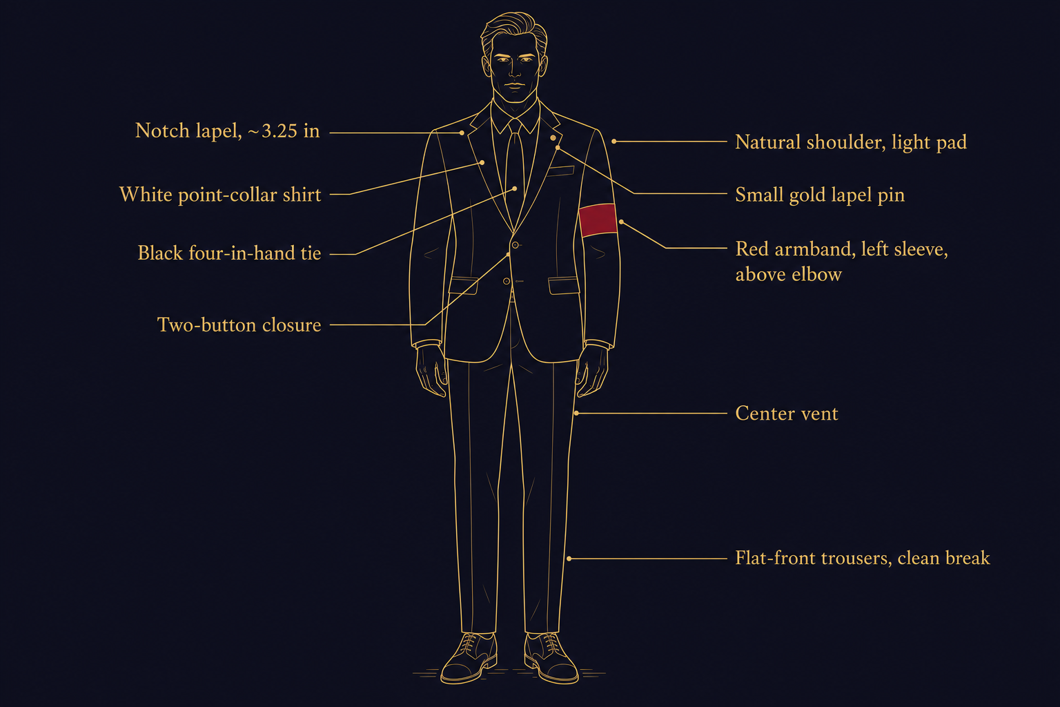 Annotated infographic of the MJ premiere look: black single-breasted notch-lapel jacket, white point-collar shirt, black four-in-hand tie, gold lapel pin, and red left-sleeve armband