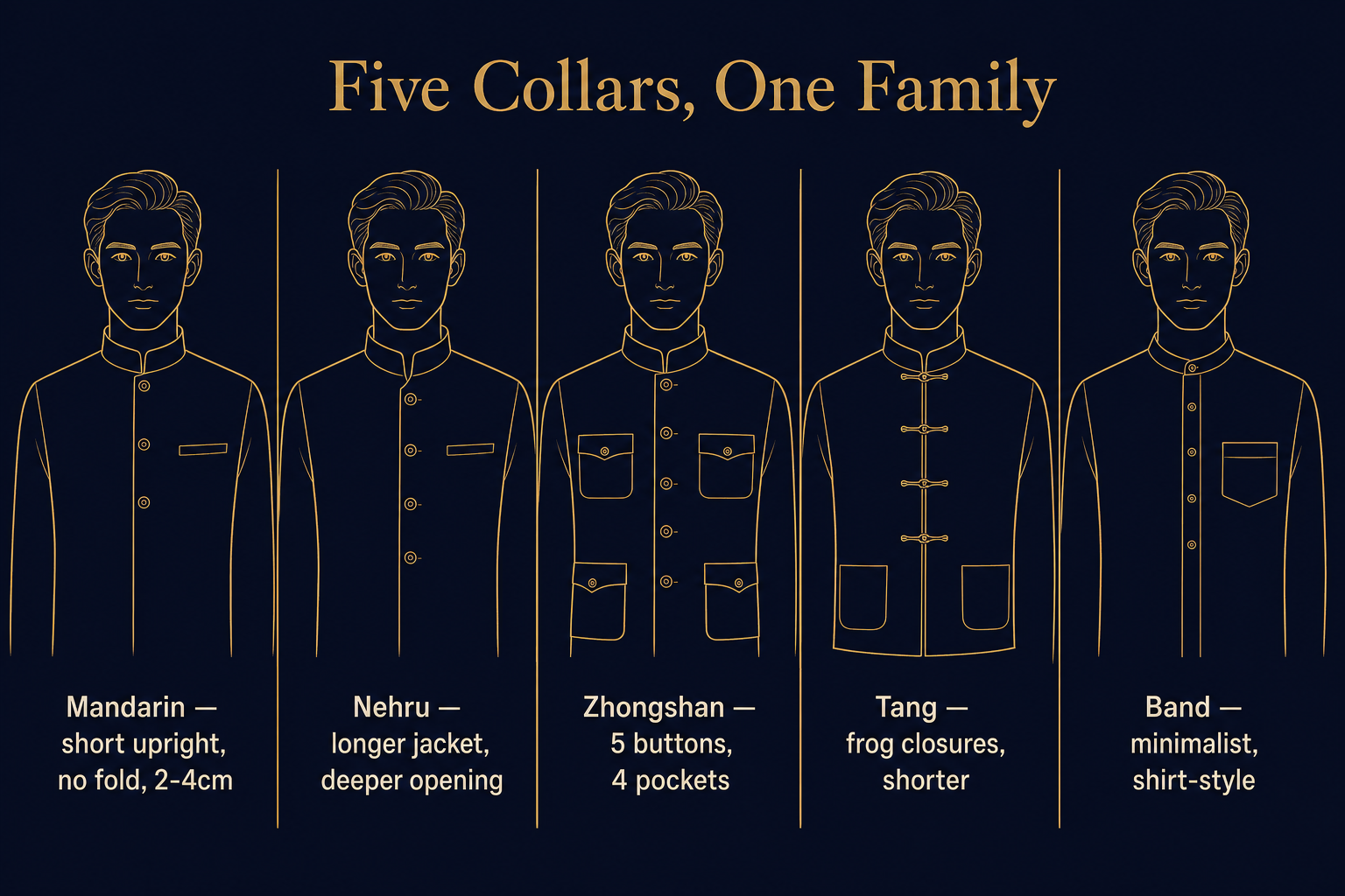 Side-by-side line-art comparison of Mandarin, Nehru, Zhongshan, and Tang collars showing height and closure differences