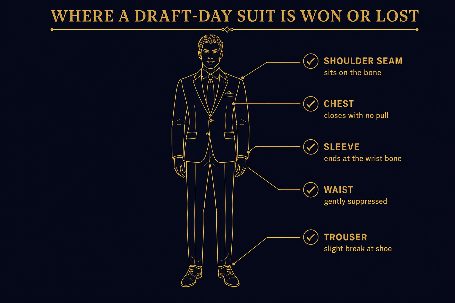 Line-art diagram of a suited figure marking the key fit checkpoints: shoulder seam, chest, sleeve length, waist, and trouser break
