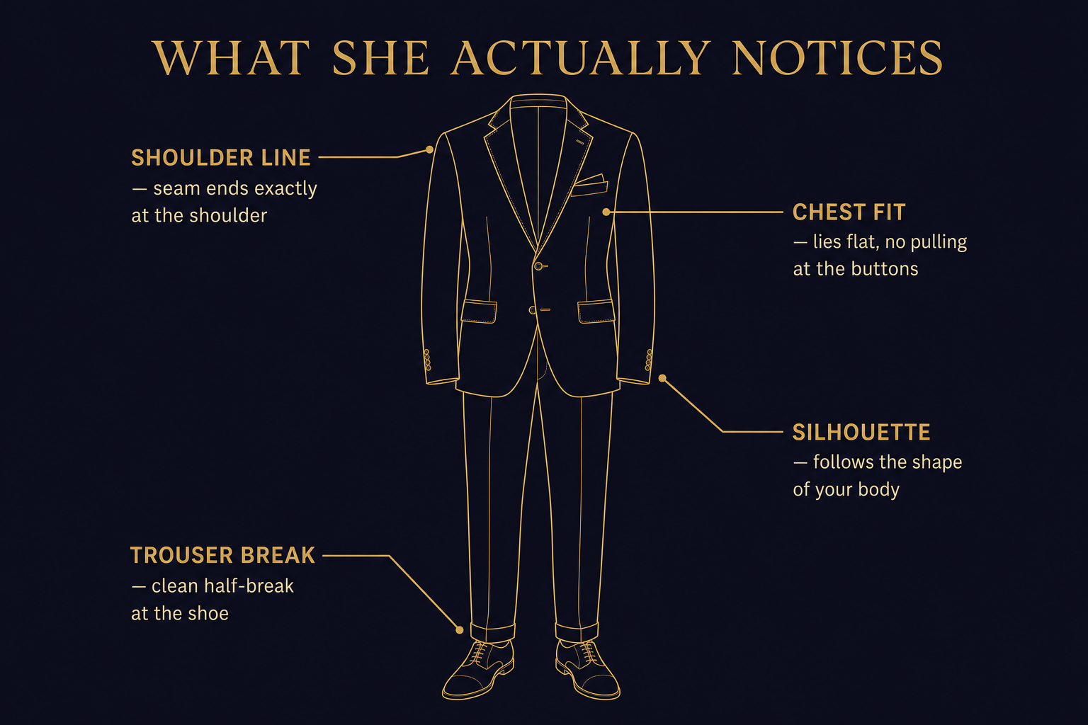 Line-art diagram of a suit jacket with four fit checkpoints labeled: shoulder line, chest, trouser break, and silhouette