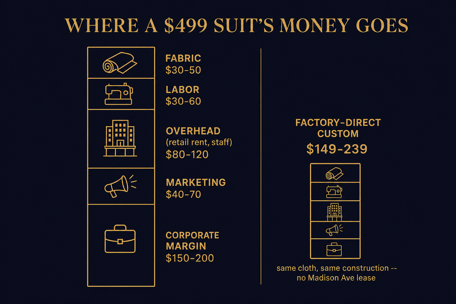 Infographic breaking down where the money goes in a $499 retail suit versus a factory-direct custom suit