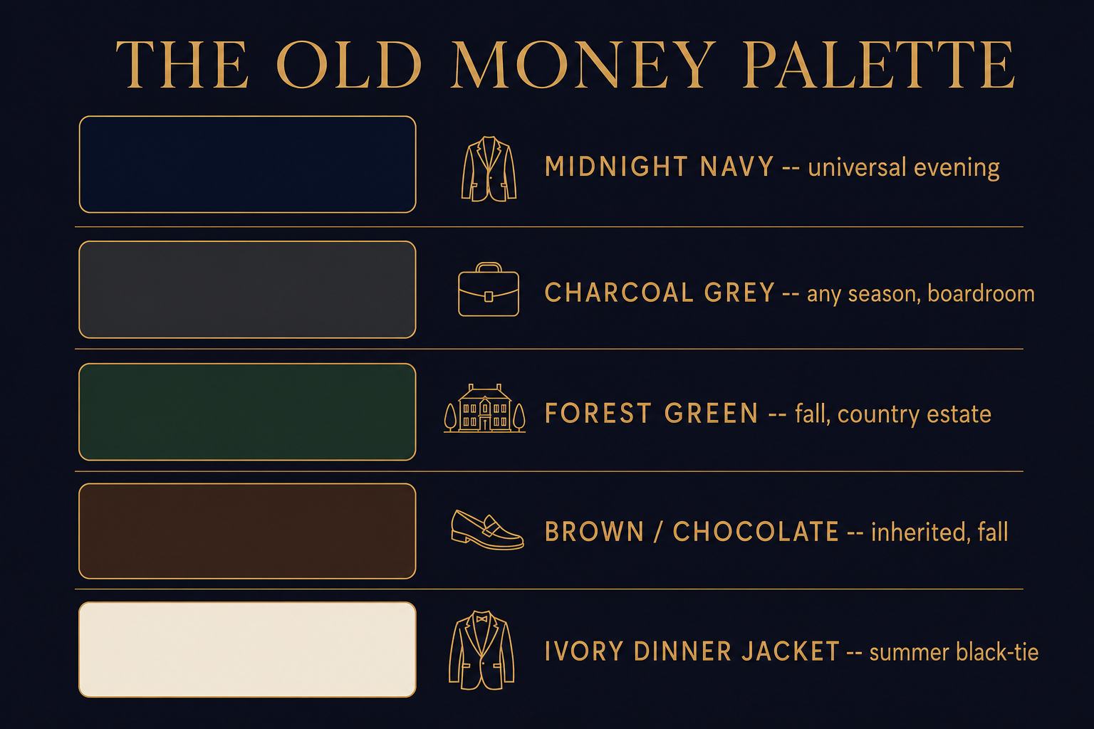 Infographic showing the five old money wedding suit colors with names and best-season notes