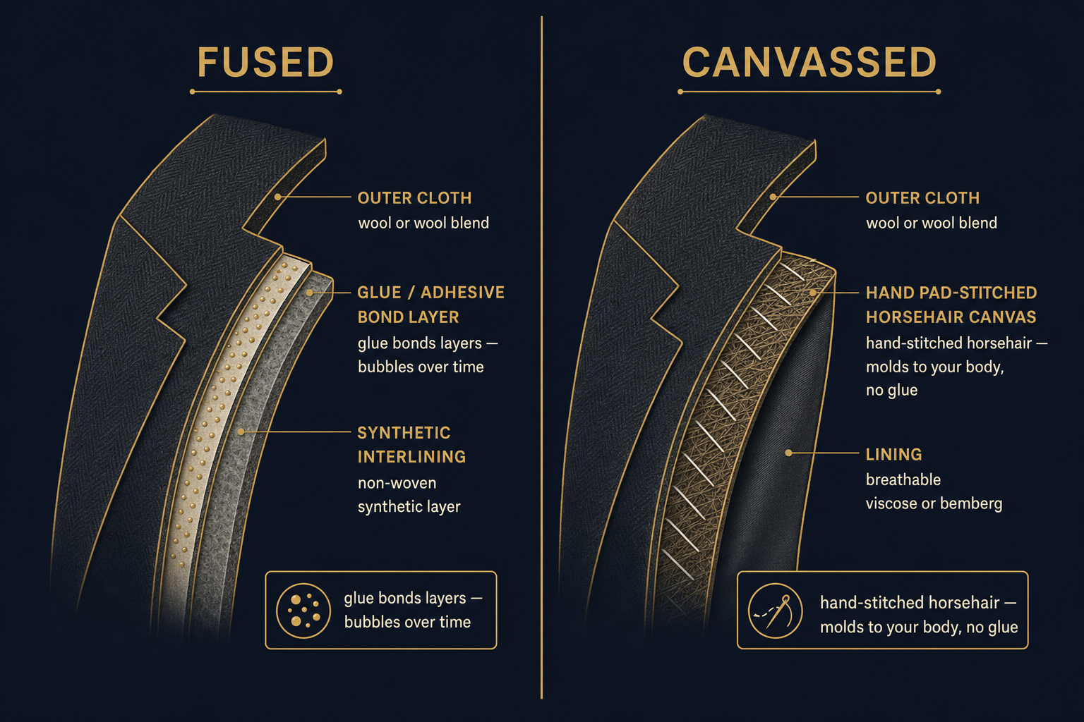 Infographic comparing fused jacket construction (glued synthetic interlining that bubbles over time) with fully canvassed construction (hand-stitched horsehair canvas that molds to the body)