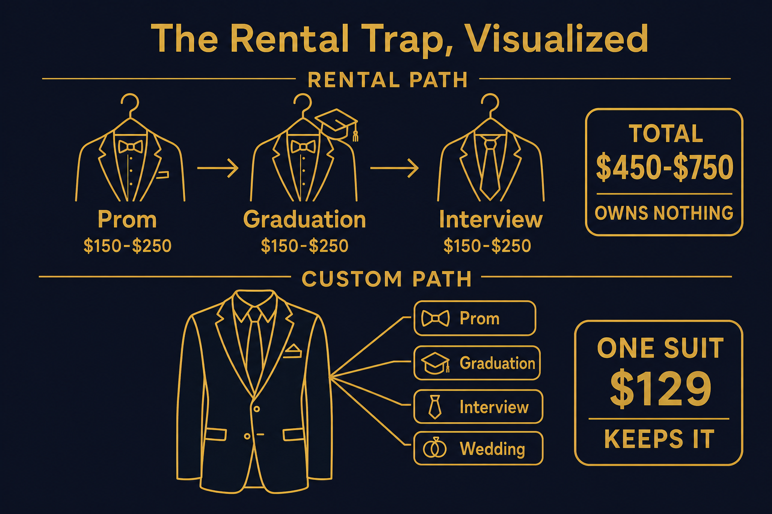 Diagram showing three separate suit rentals for prom, graduation, and a first interview adding up to $450 to $750 with nothing owned, versus one custom suit at $129 worn to all three events and kept