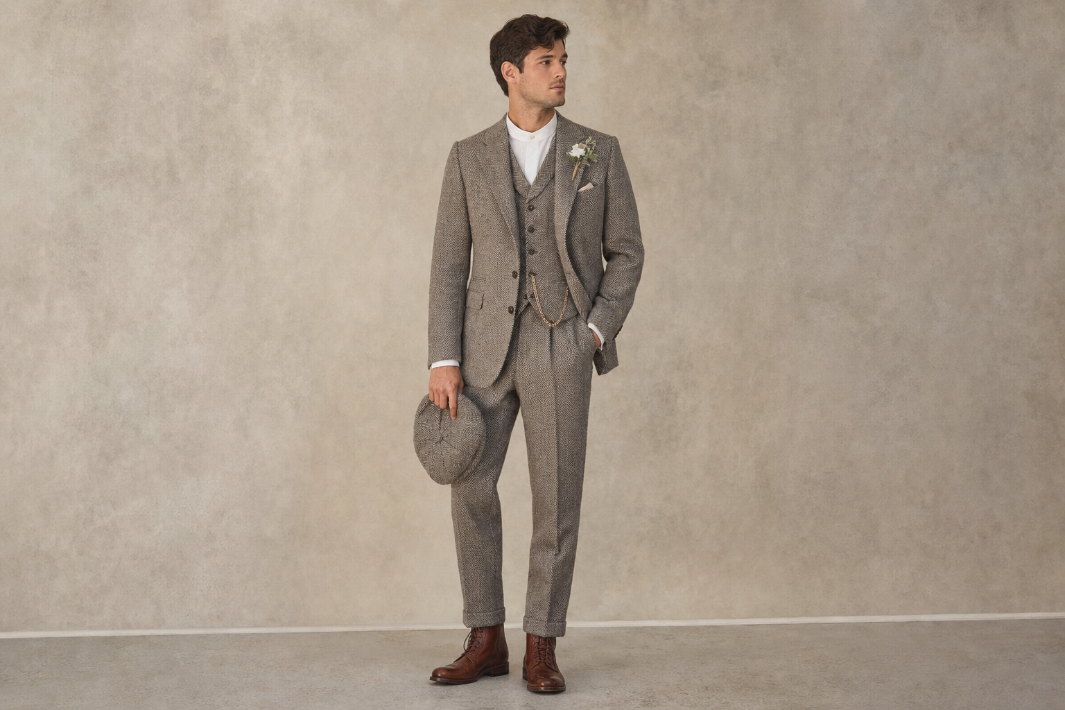 A 1920s-inspired groom in a refined dove-grey herringbone tweed three-piece wedding suit with peak lapels, matching waistcoat, club-collar shirt, and a coordinating flat cap — a Peaky Blinders wedding suit made to measure