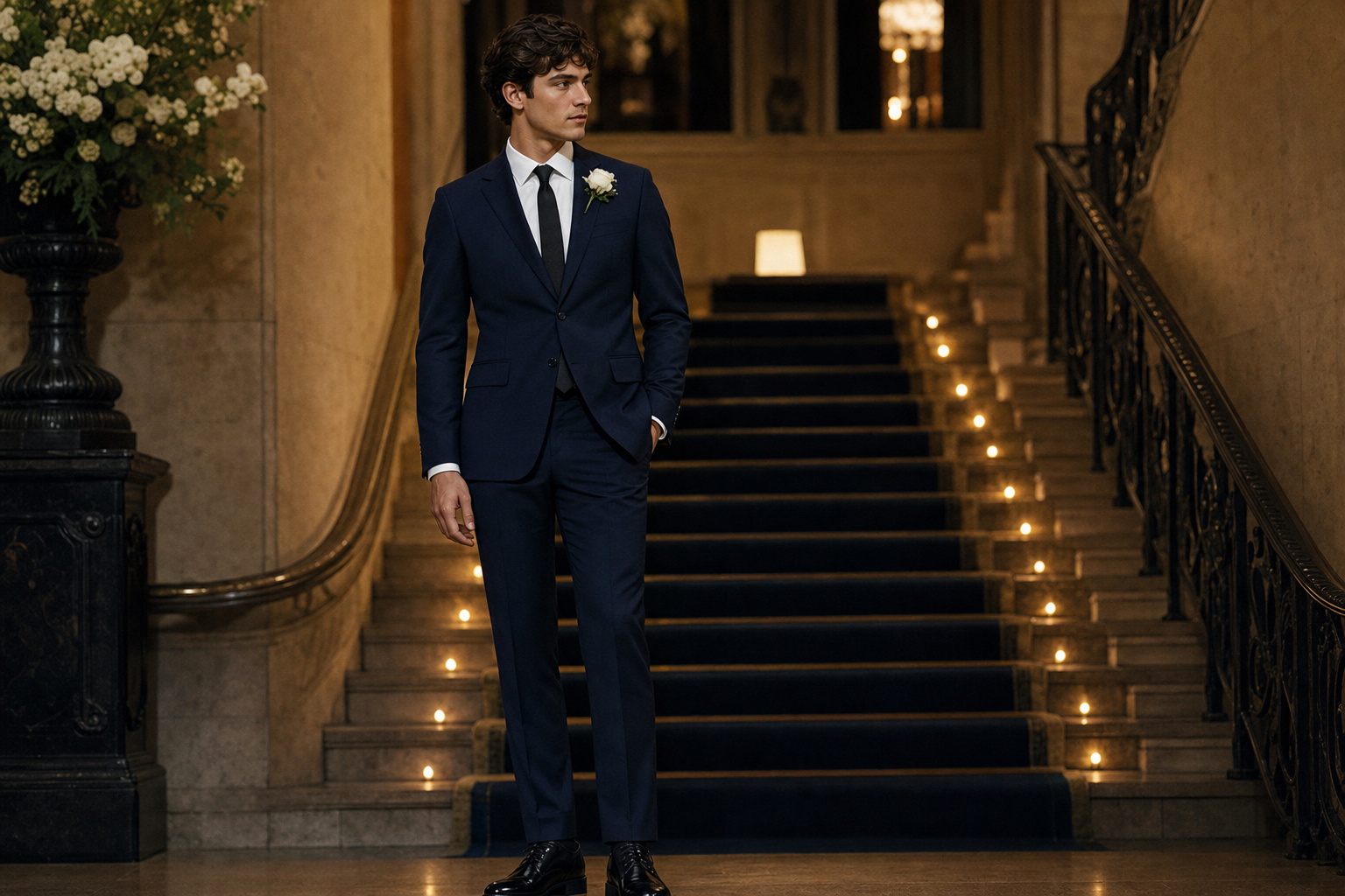 Prom suit 2026 for boys — pictures of a midnight navy slim-cut prom suit with white shirt, narrow black tie and white rose boutonniere, photographed at the foot of a softly lit grand staircase
