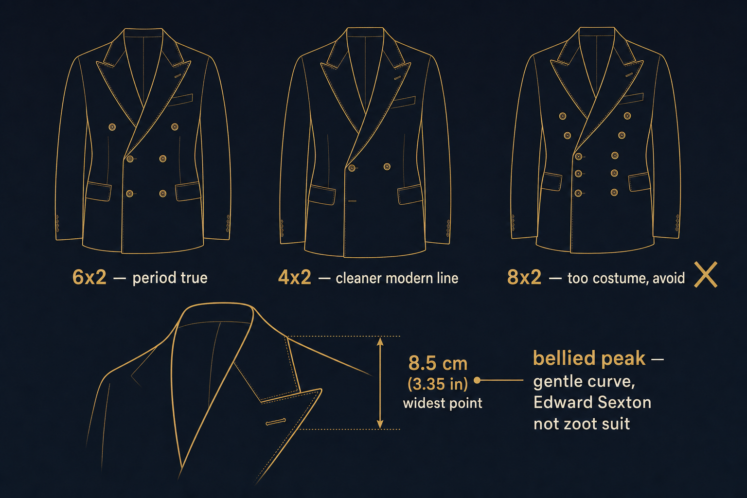 Infographic comparing 6x2, 4x2, and 8x2 double-breasted button stances and the recommended 8.5cm bellied peak lapel width