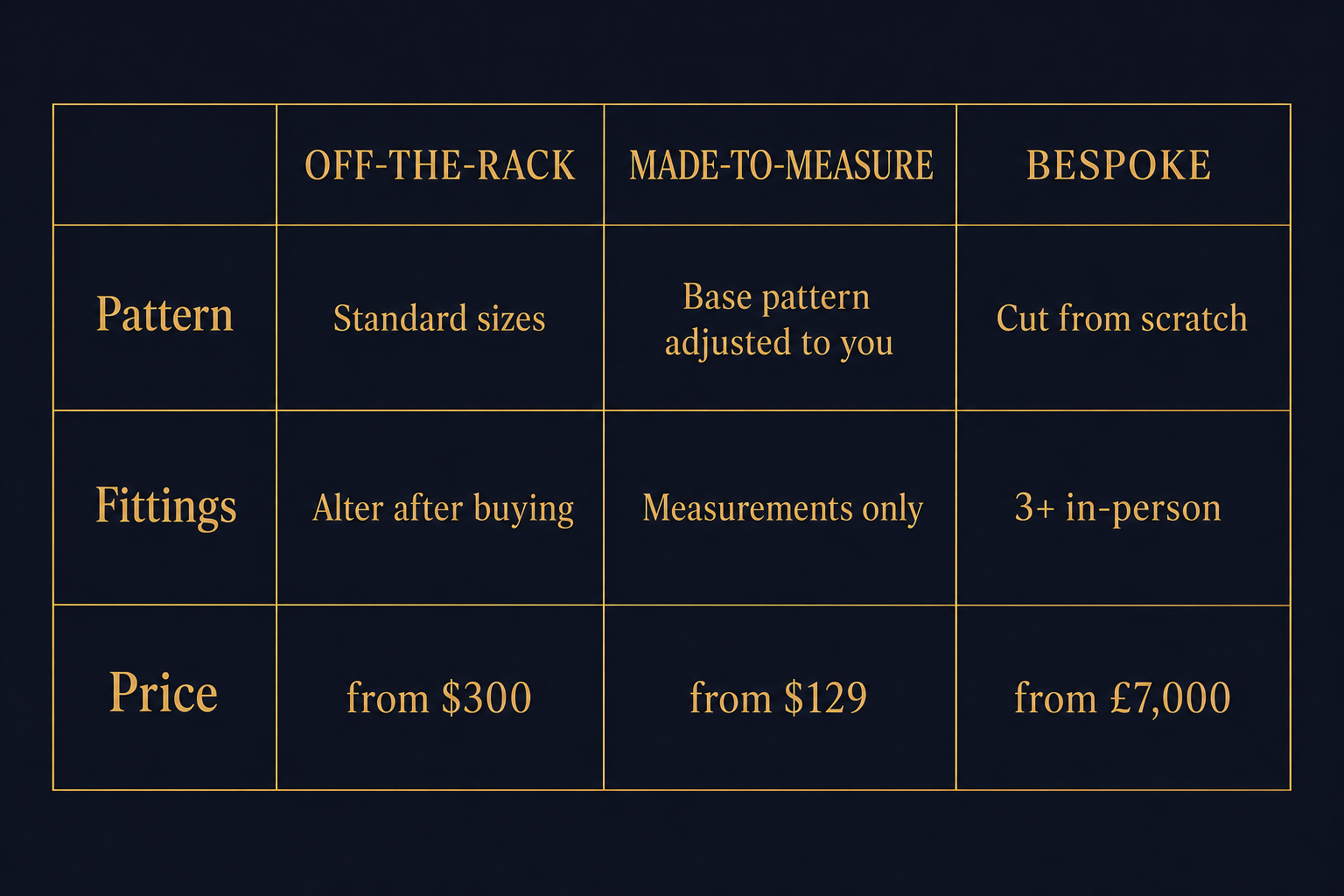 Comparison chart of off-the-rack, made-to-measure, and bespoke suits across fit method, fittings, and price